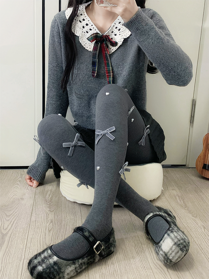 Milk White/Coffee/Gray Sweet Bowknot Heart Tights