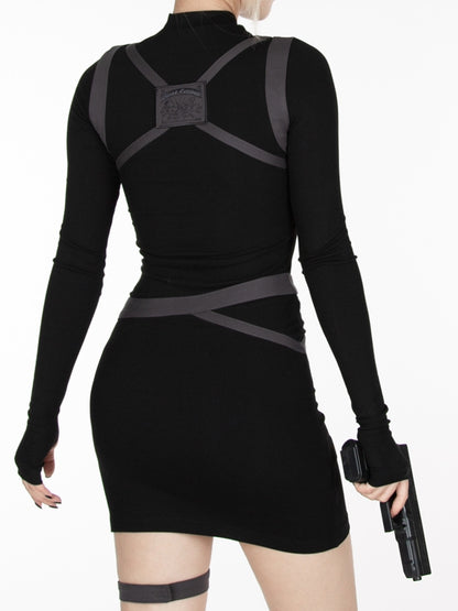 Cyberpunk Futuristisches Kleid mit Schnallenriemen in Schwarz und Grau, Taillengürtel und Harness, All-in-One mit Strumpfband