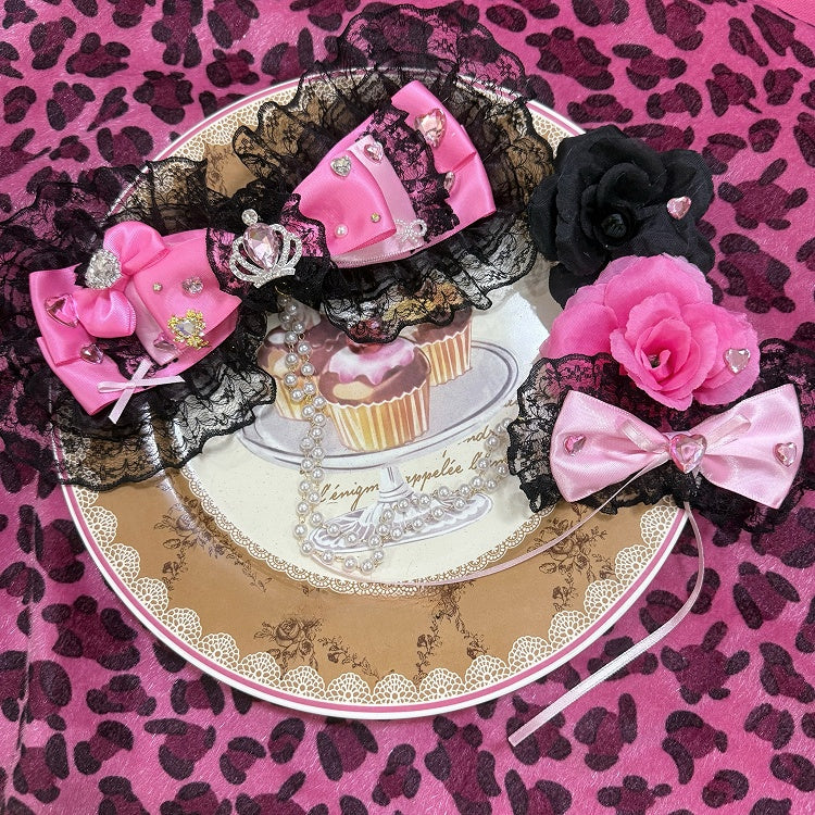 And Heart Two Trim Rhinestone With Hairclips Lace Bead Bowknot BlackPink Chain Decorated Floral Crown Dual