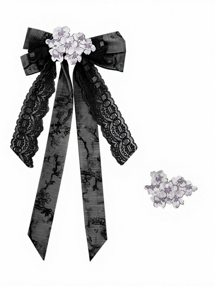 Bow Lace Trim Accessory Set with Floral Embroidered Hair Clips - Yimu Walnut