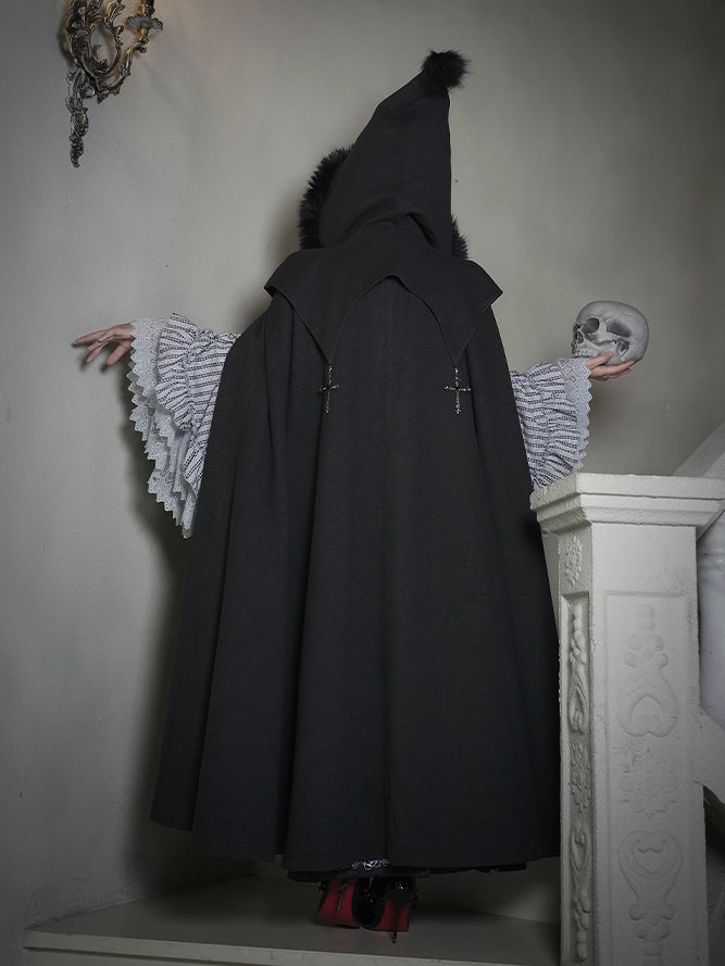 Witch Trim Cross with Fur Autumn for and Faux Winter Lolita Gothic Charms Black Cloak
