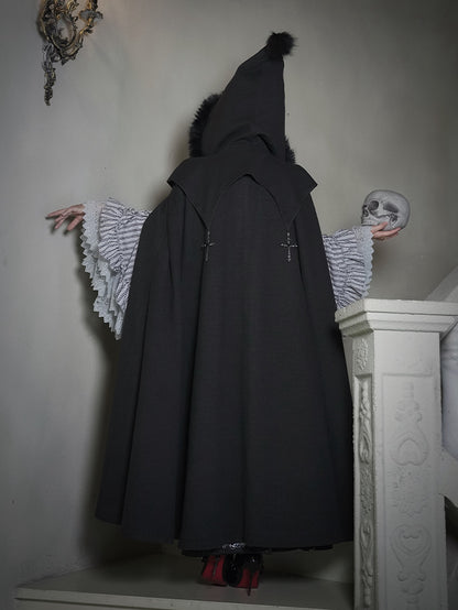 Witch Trim Cross with Fur Autumn for and Faux Winter Lolita Gothic Charms Black Cloak