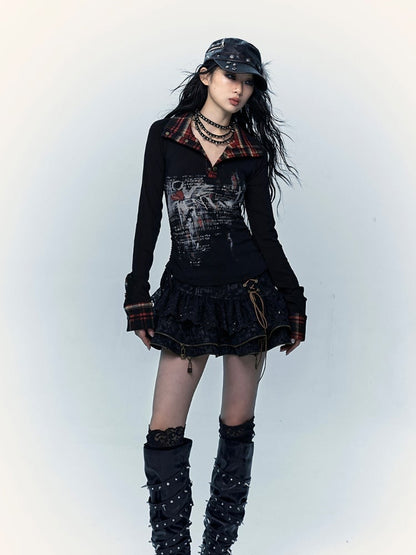 Schwarzer Stufenrock mit Spitzenbesatz und Schnürdetails