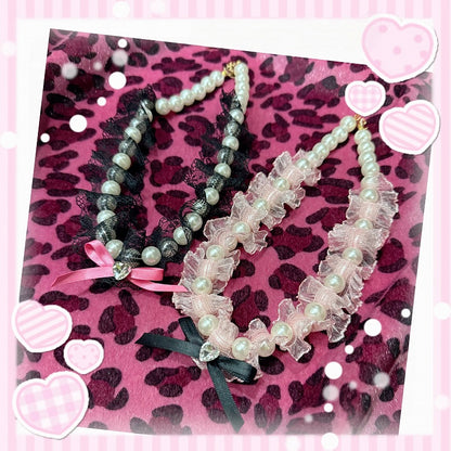 Necklaces - Pink Styles Rhinestone / Bow Pearl Lace with Two Accents Black