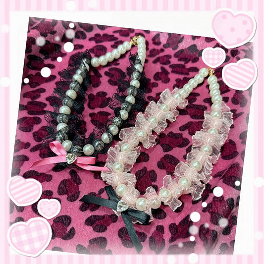 Necklaces - Pink Styles Rhinestone / Bow Pearl Lace with Two Accents Black