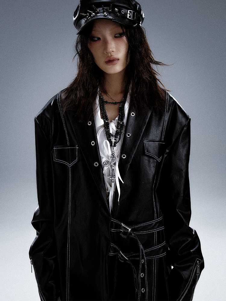 Details Black Suit Design PU Punk With Zip Metal Cuffs