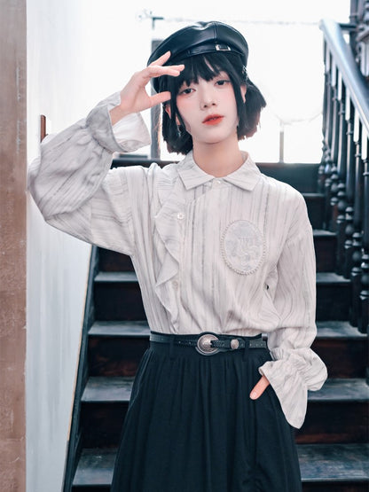 Gothic Shoulder Accents Ribbon White Asymmetrical with Jellyfish Cheongsam Blouse Embroidery