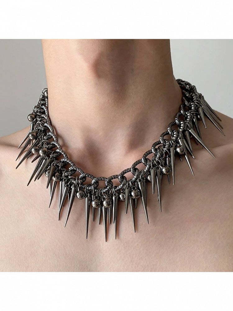 Silver Punk Spiked Chain Necklace with Round Beads - YSHXS