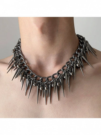 Silver Punk Spiked Chain Necklace with Round Beads - YSHXS