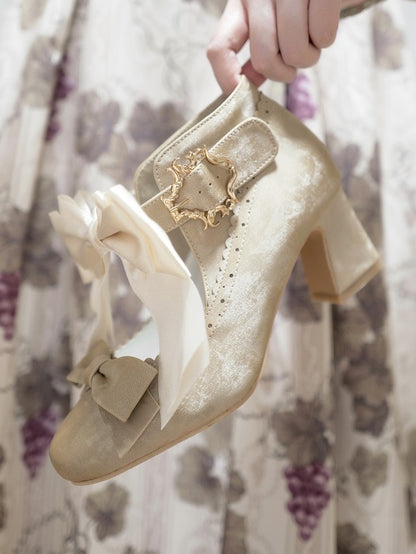 Embellishments Bow Shoes High Heel Delicate Block Classic Beige Lolita - Design