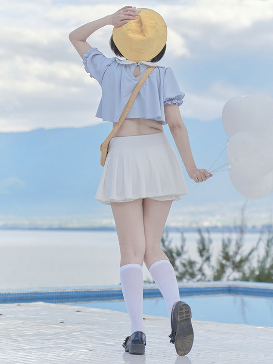 Blue Little Chicken Embroidery Peter Pan Collar Top + White Pleated Skirt Swimsuit Set