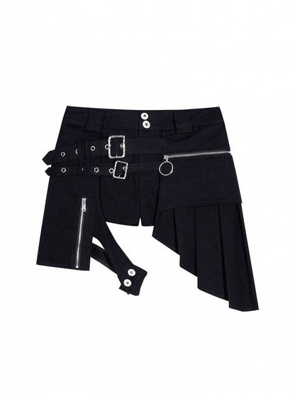 Black Punk Metal Buckle Shorts with Asymmetrical Skirt Hem