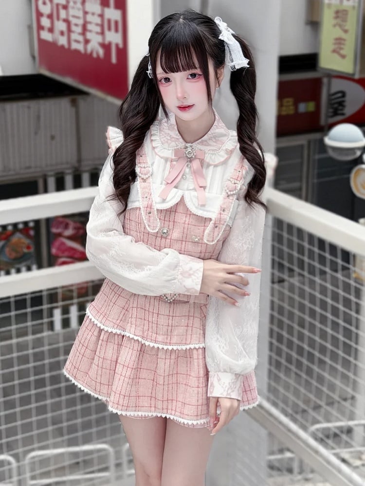 Jacquard with in Jirai Kei Flutter Sleeve Blouse Regular/Fleece-Lined Lace Version Pink White