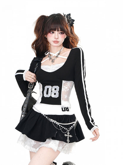 ブラックホルターネックコントラストレースパッチクロップドトップス