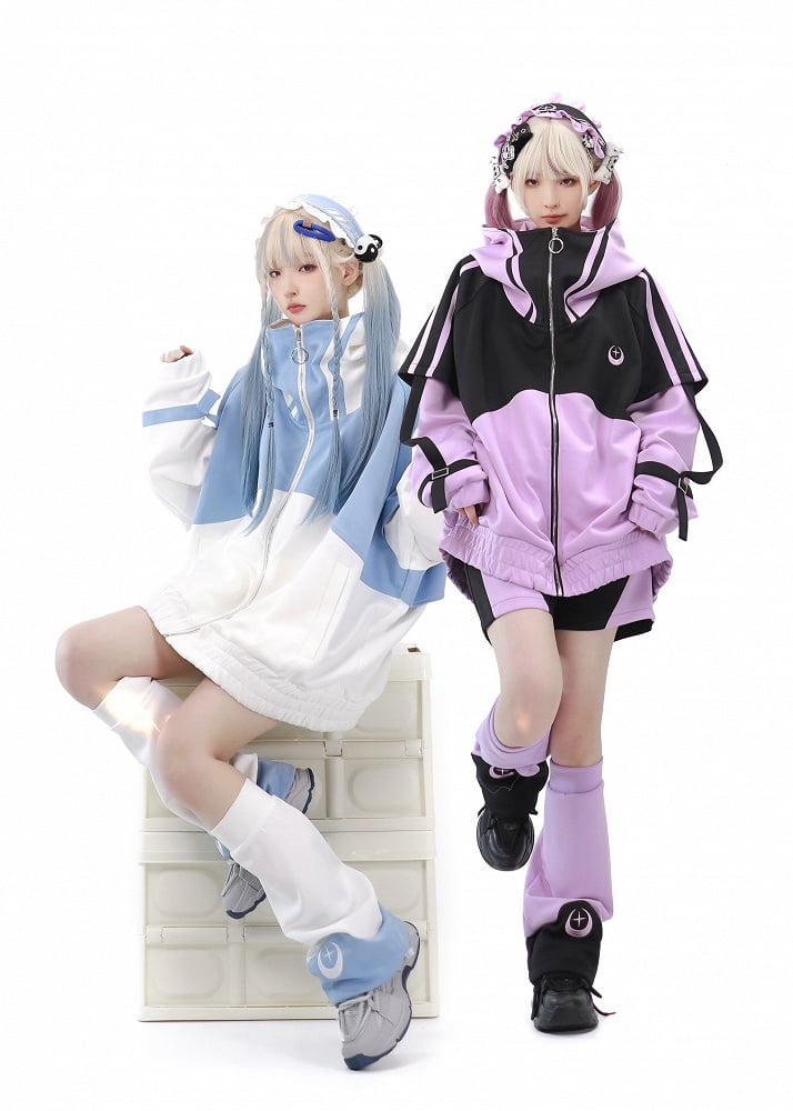Jirai Black Front and Jacket Zip Purple Up Sleeves Kei Sweatershirt Long