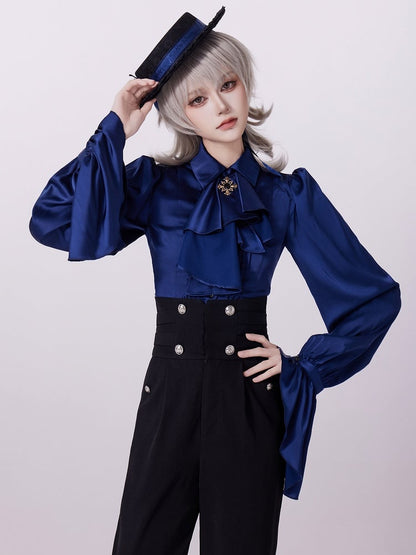 Royal Blue Foldover Collar Pleated Top with Jabot and Layered Ruffle Sleeves - DevilInspired Exclusive Collection