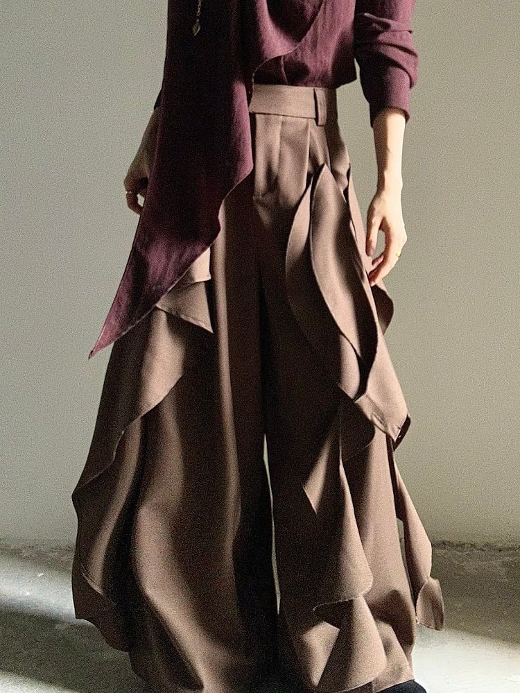 Fastening Button Pants Style Zip Ruffles Cascading Ornate Functional in Princely with Wide-leg Brown