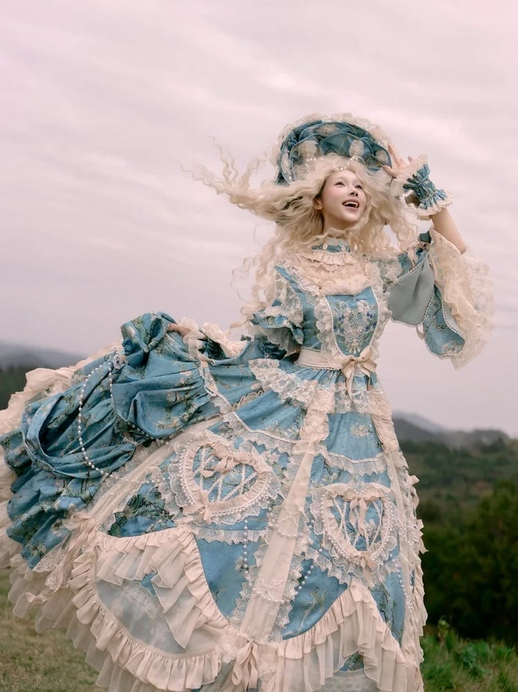 with Sleeves Sweetheart and Ruffle Layers Bell Applique Gorgeous Blue Gown Hime Lolita Beaded Lace