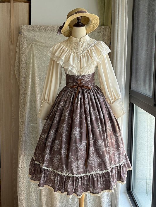 Brown & White Rosette Print Boned High Waist Elegant Classic Lolita Skirt with Lace Trim