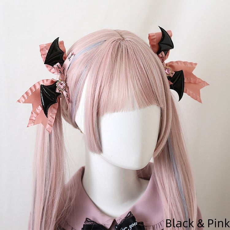 8 Colors Jirai Kei A Pair of Bowknot Hairclips With Wings and Heart - shaped Charms