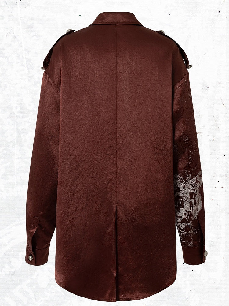 Loose-Fit Long Sleeve Tee with Wine Red Distressed Graffiti Punk Motif - NO ROMANCE