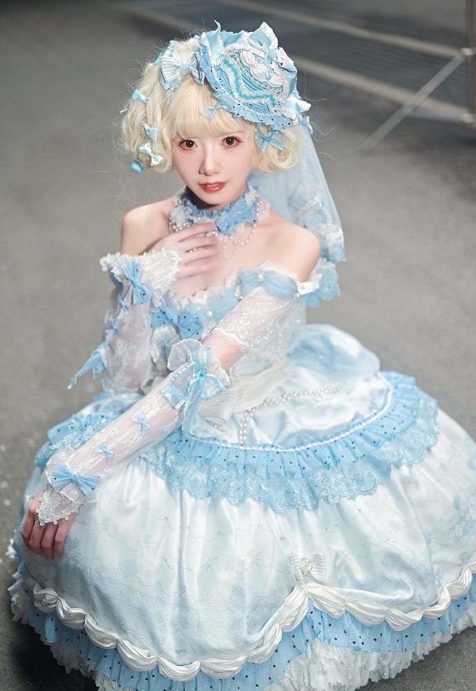 Hime Mini Veil KC Blue Hat Full Off + Cuffs Choker Dress Shoulder Wrist Set Lolita