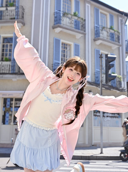 レース ゆめかわいい ピンク ストロベリーアップリケ ジャケット 蝶結び 日焼け防止 フード付き