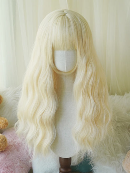 Schwarz/Weiß/Hellblond/Blond/Karamell/Grau, lange, gewellte Perücke mit vollem Pony