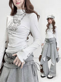 Y2K Neck Sleeve Velvet Pattern Mock Bear With Long T-Shirt White