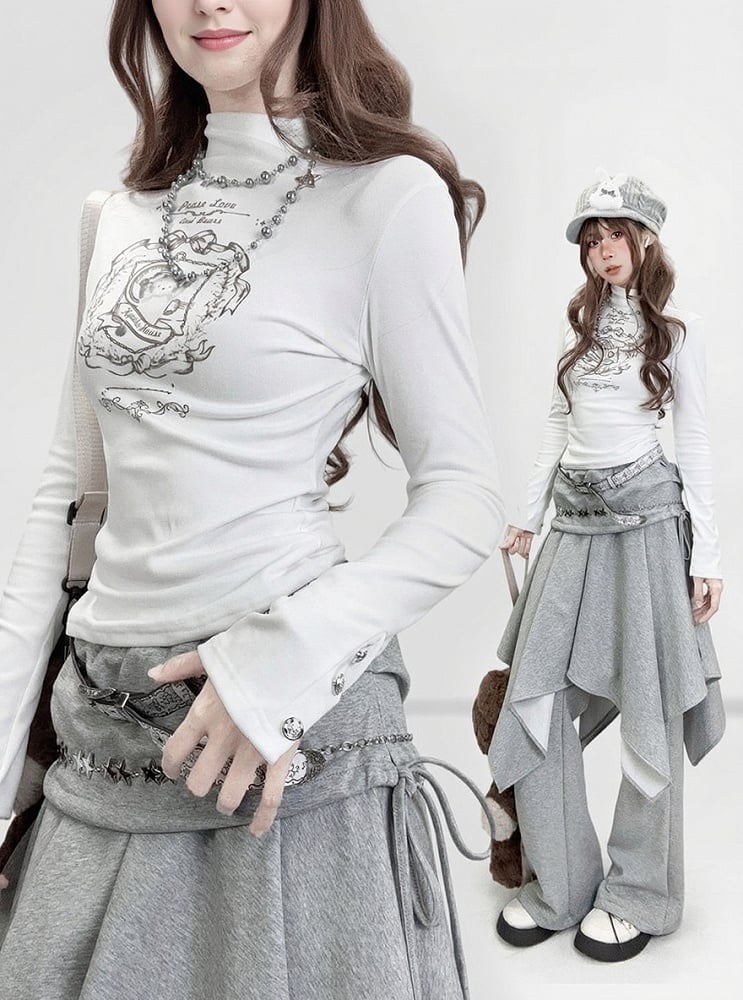 Y2K Neck Sleeve Velvet Pattern Mock Bear With Long T-Shirt White