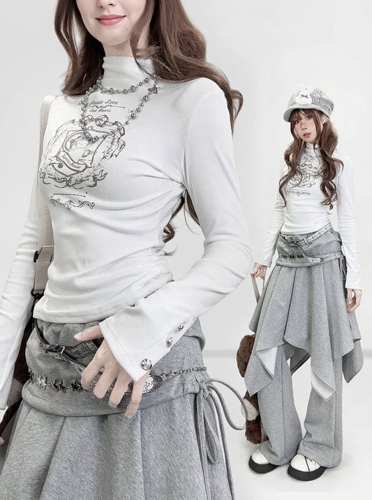 Y2K Neck Sleeve Velvet Pattern Mock Bear With Long T-Shirt White