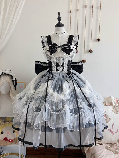 Decorated Lolita JSK with Bow Train and Overlay - Ling Yue You Xin