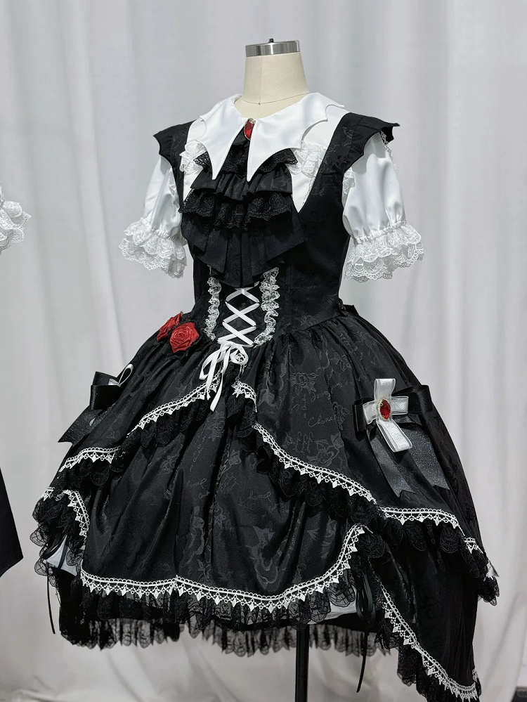 Schwarzes, schulterfreies, hochgeschlossenes Fledermaus-Gothic-Flügelkleid mit Lolita-Rock