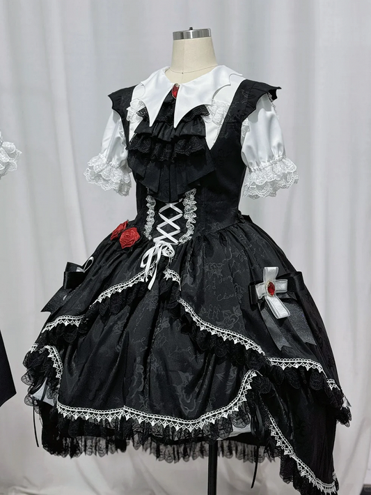 Schwarzes, schulterfreies, hochgeschlossenes Fledermaus-Gothic-Flügelkleid mit Lolita-Rock