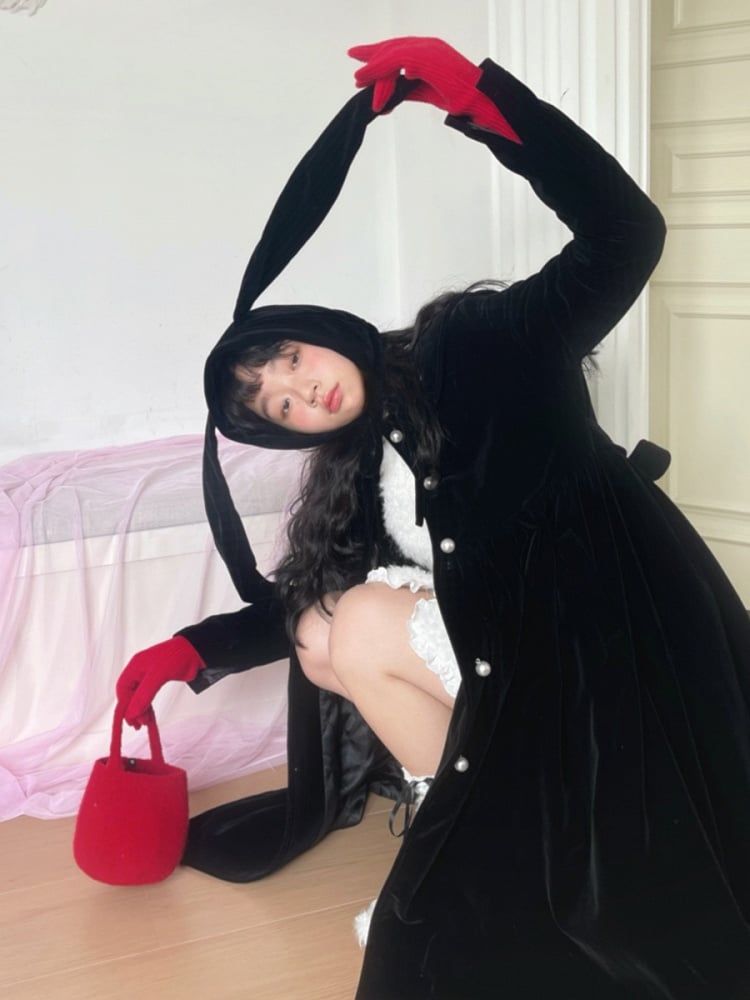 Adjustable Black Plush Bunny Ear Beanie