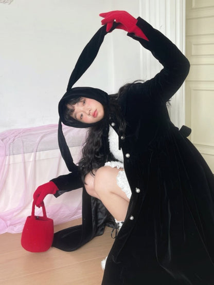 Adjustable Black Plush Bunny Ear Beanie