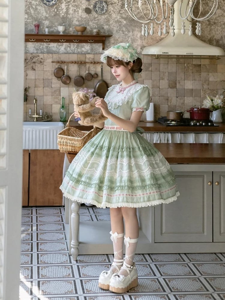 Short Green Puff Sleeve Lace Trim Elegant Lolita Dress - Pumpkin Planet