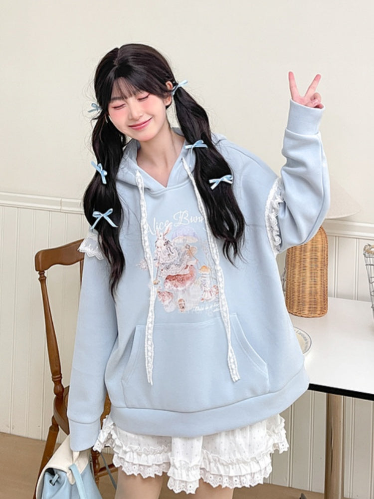 Yume Kawaii Blue Bunny Ear Hood Rabbit Print Hoodie