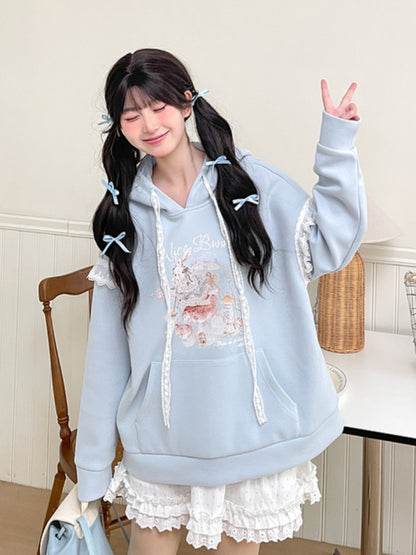 Yume Kawaii Blue Bunny Ear Hood Rabbit Print Hoodie