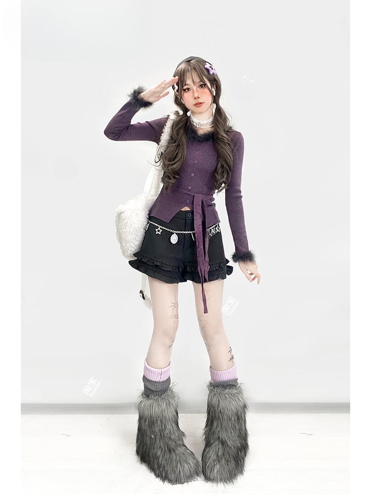 Dunkelgraue Shorts mit hoher Taille und Rüschenbesatz