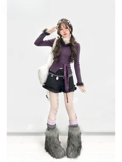 Dunkelgraue Shorts mit hoher Taille und Rüschenbesatz