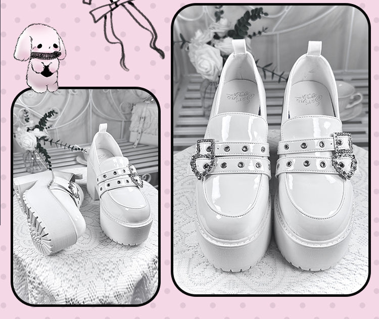 Polished Crystal Heels 10cm Heel - Jirai Kei with Platform Shoes Buckles Chunky White