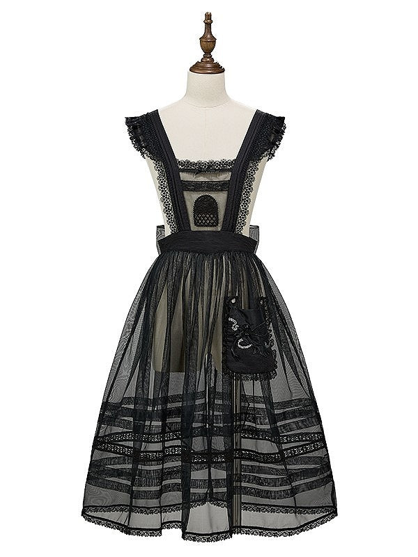 with Embroidered Pocket Overdress Black Lolita Lace-Trimmed