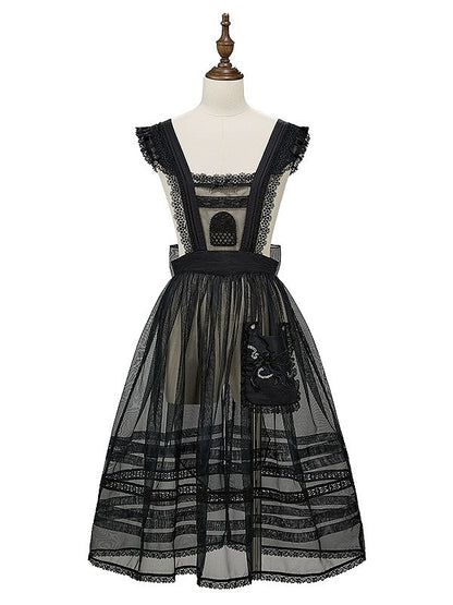 with Embroidered Pocket Overdress Black Lolita Lace-Trimmed