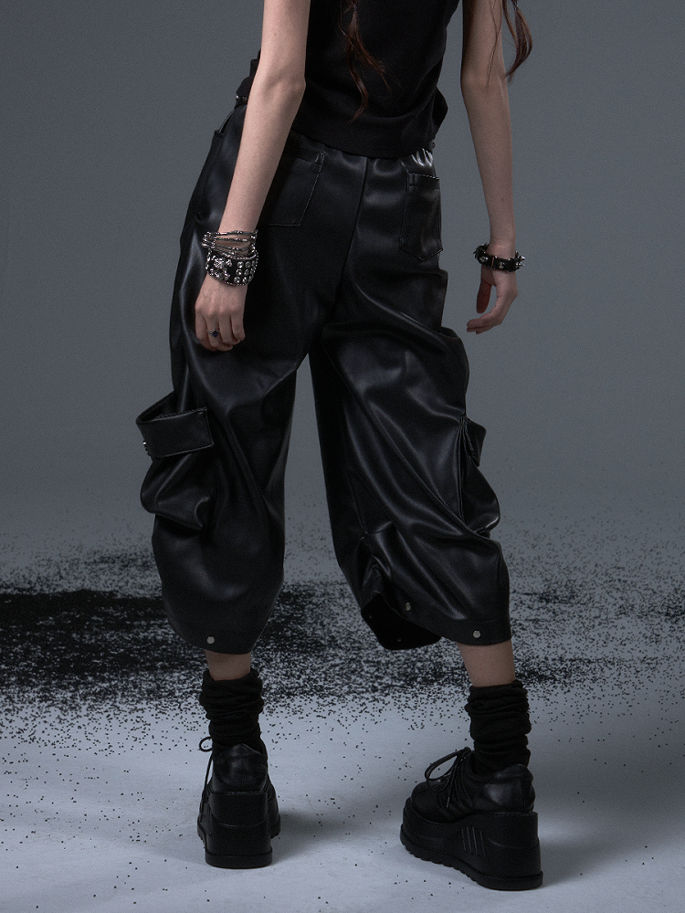 Black Zipper Decorative Mid-length Punk Rock Pants Wide-leg PU -