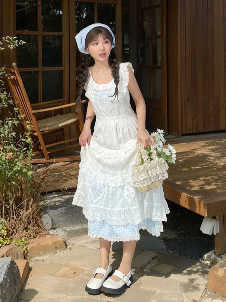 Overdress Trim Patch White Flutter Sleeves Lace Embroidery Plaid Tiered Cutton Skirt Blue