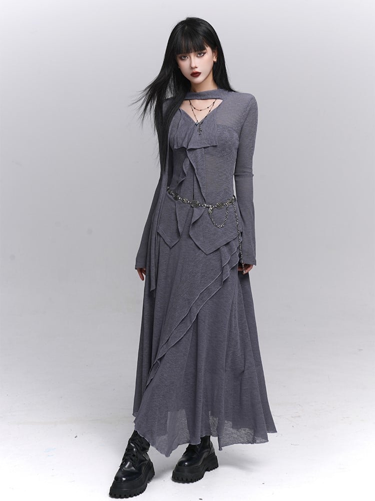 Gray Gothic V-Neck Top with Elegant Ruffle Front & Attached Neck Strap - Lady Ghost