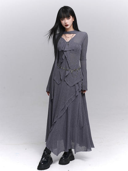 Gray Gothic V-Neck Top with Elegant Ruffle Front & Attached Neck Strap - Lady Ghost