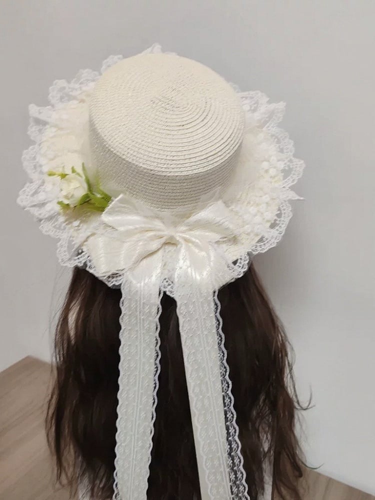 Ivory Straw Bonnet with Lace and Bow Accents - Ye Cheng Hair Accessory