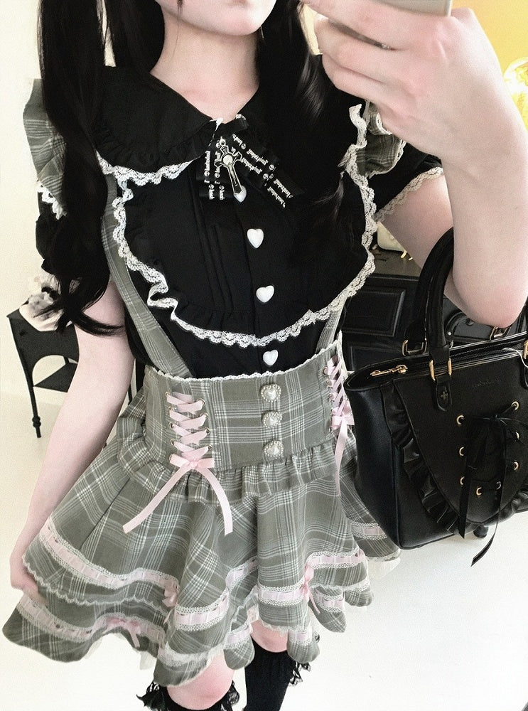 Black/White Bunny Ear Peter Pan Collar Blouse with Lace - Kitty Bxllet